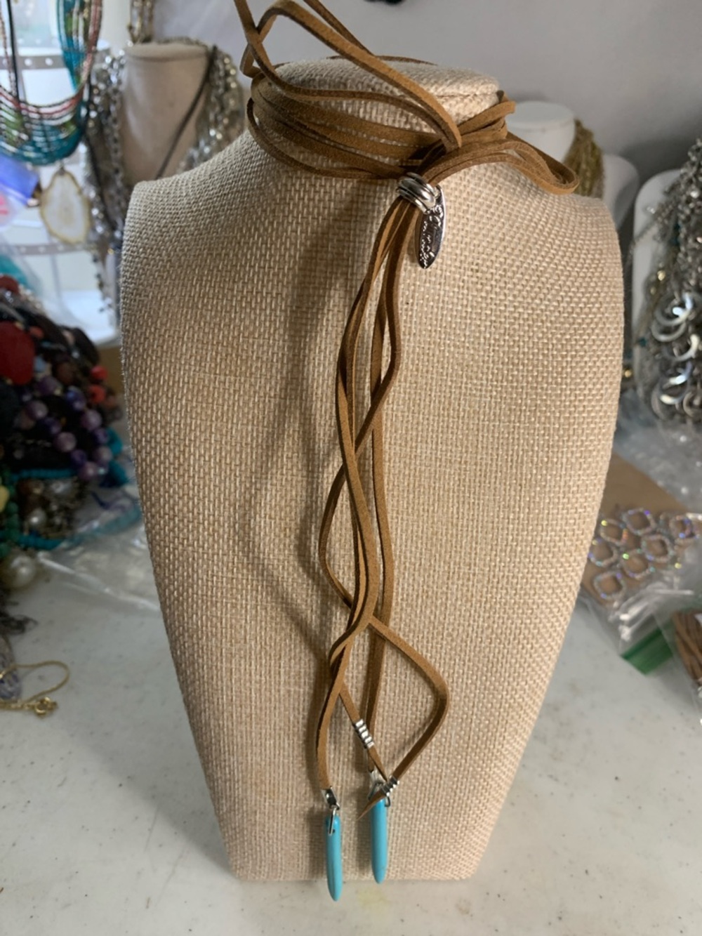 Plunder Brown Suede Lariat Necklace with Turquoise Pendants - Set of 3